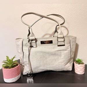 EUC Calvin Klein White Tote Bag W/ Silver Accents & Keychain